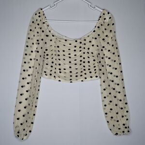 Style Rack Crop Top Juniors Medium Cream Black Polkadot Ruched Mesh Puffed Sheer